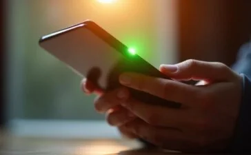 Ein heller, naher Blick auf ein modernes Smartphone in einer warm erleuchteten Hand, bei dem ein dezenter grüner Punkt oben am Display in sanftem Tageslicht aufleuchtet und so Aufmerksamkeit auf das sensible Thema Datenschutz und digitale Sicherheit lenkt.