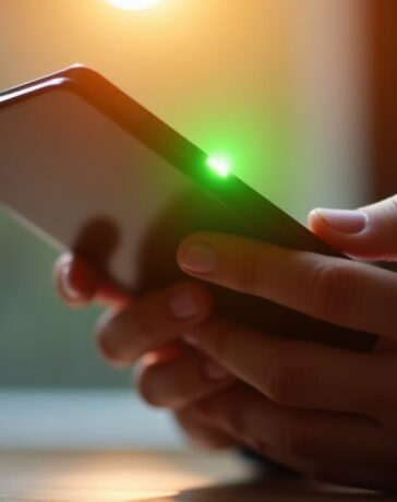 Ein heller, naher Blick auf ein modernes Smartphone in einer warm erleuchteten Hand, bei dem ein dezenter grüner Punkt oben am Display in sanftem Tageslicht aufleuchtet und so Aufmerksamkeit auf das sensible Thema Datenschutz und digitale Sicherheit lenkt.