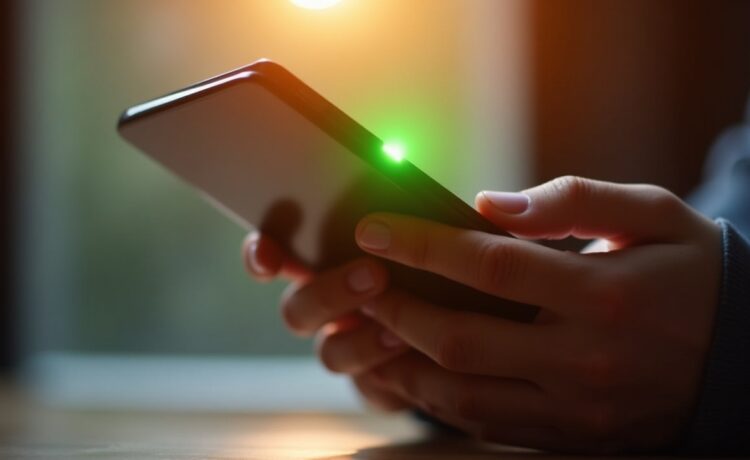 Ein heller, naher Blick auf ein modernes Smartphone in einer warm erleuchteten Hand, bei dem ein dezenter grüner Punkt oben am Display in sanftem Tageslicht aufleuchtet und so Aufmerksamkeit auf das sensible Thema Datenschutz und digitale Sicherheit lenkt.