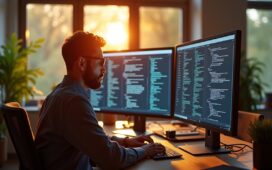 Ein warm ausgeleuchtetes, modernes Büro mit einem konzentrierten Entwickler vor einem großen Bildschirm, auf dem komplexe Softwarecodes und Diagramme zu erkennen sind, während natürliche Sonnenstrahlen durch das Fenster fallen und eine einladende, vertrauensvolle Atmosphäre schaffen.