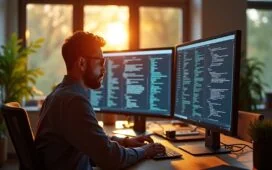 Ein warm ausgeleuchtetes, modernes Büro mit einem konzentrierten Entwickler vor einem großen Bildschirm, auf dem komplexe Softwarecodes und Diagramme zu erkennen sind, während natürliche Sonnenstrahlen durch das Fenster fallen und eine einladende, vertrauensvolle Atmosphäre schaffen.