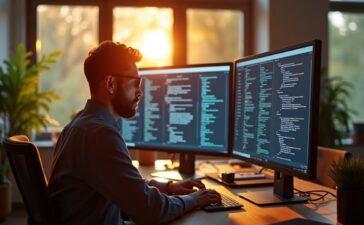 Ein warm ausgeleuchtetes, modernes Büro mit einem konzentrierten Entwickler vor einem großen Bildschirm, auf dem komplexe Softwarecodes und Diagramme zu erkennen sind, während natürliche Sonnenstrahlen durch das Fenster fallen und eine einladende, vertrauensvolle Atmosphäre schaffen.