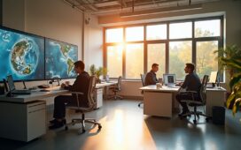 Ein sonnendurchflutetes, modernes Büro mit großen Fenstern, in dem ein Team von Forschern konzentriert an hochauflösenden Wetterkarten und digitalen Satellitenbildern arbeitet, während natürliche Lichtstrahlen eine warme, hoffnungsvolle Atmosphäre schaffen und die Fortschritte von Googles KI-gestütztem Wettermodell WeatherNext2 lebendig widerspiegeln.