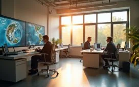 Ein sonnendurchflutetes, modernes Büro mit großen Fenstern, in dem ein Team von Forschern konzentriert an hochauflösenden Wetterkarten und digitalen Satellitenbildern arbeitet, während natürliche Lichtstrahlen eine warme, hoffnungsvolle Atmosphäre schaffen und die Fortschritte von Googles KI-gestütztem Wettermodell WeatherNext2 lebendig widerspiegeln.