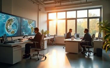 Ein sonnendurchflutetes, modernes Büro mit großen Fenstern, in dem ein Team von Forschern konzentriert an hochauflösenden Wetterkarten und digitalen Satellitenbildern arbeitet, während natürliche Lichtstrahlen eine warme, hoffnungsvolle Atmosphäre schaffen und die Fortschritte von Googles KI-gestütztem Wettermodell WeatherNext2 lebendig widerspiegeln.