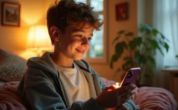 Ein helles, warmes Porträt eines nachdenklichen Jugendlichen in natürlichem Tageslicht, der mit einem sanften Lächeln auf sein Smartphone schaut, umgeben von einem gemütlichen Zimmer mit lebendigen Farben und realistischen Details, das die zärtliche Verbindung zwischen Mensch und digitalem Freund liebevoll einfängt.