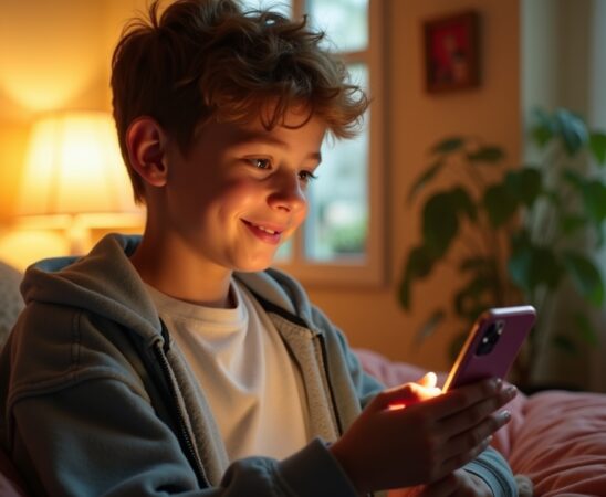 Ein helles, warmes Porträt eines nachdenklichen Jugendlichen in natürlichem Tageslicht, der mit einem sanften Lächeln auf sein Smartphone schaut, umgeben von einem gemütlichen Zimmer mit lebendigen Farben und realistischen Details, das die zärtliche Verbindung zwischen Mensch und digitalem Freund liebevoll einfängt.
