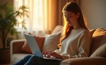 Ein hell erleuchtetes, freundliches Wohnzimmer, in dem eine junge Frau nachdenklich mit einem Laptop auf dem Schoß sitzt, umgeben von warmem Tageslicht und beruhigender Einrichtung, das sensible Thema digitaler Psychotherapie und menschlicher Nähe subtil und einfühlsam spiegelnd.