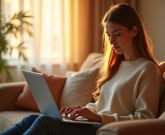 Ein hell erleuchtetes, freundliches Wohnzimmer, in dem eine junge Frau nachdenklich mit einem Laptop auf dem Schoß sitzt, umgeben von warmem Tageslicht und beruhigender Einrichtung, das sensible Thema digitaler Psychotherapie und menschlicher Nähe subtil und einfühlsam spiegelnd.