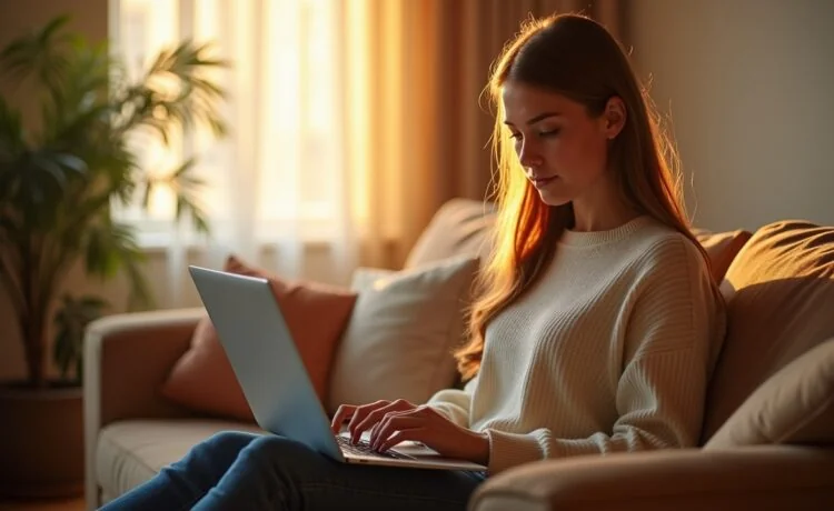 Ein hell erleuchtetes, freundliches Wohnzimmer, in dem eine junge Frau nachdenklich mit einem Laptop auf dem Schoß sitzt, umgeben von warmem Tageslicht und beruhigender Einrichtung, das sensible Thema digitaler Psychotherapie und menschlicher Nähe subtil und einfühlsam spiegelnd.