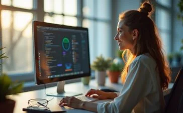 In einem modernen, lichtdurchfluteten Arbeitszimmer reflektiert eine junge Webdesignerin konzentriert und mit einem warmen Lächeln vor ihrem klar strukturierten Bildschirm die Verschmelzung von Technologie und Kreativität, während sanftes Tageslicht durch große Fenster fällt und eine einladende Atmosphäre voller Innovation und Zukunftsgeist schafft.