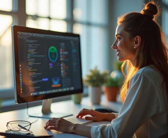 In einem modernen, lichtdurchfluteten Arbeitszimmer reflektiert eine junge Webdesignerin konzentriert und mit einem warmen Lächeln vor ihrem klar strukturierten Bildschirm die Verschmelzung von Technologie und Kreativität, während sanftes Tageslicht durch große Fenster fällt und eine einladende Atmosphäre voller Innovation und Zukunftsgeist schafft.