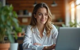 Ein helles, freundlich wirkendes Porträt einer jungen Person am modernen Arbeitsplatz, die konzentriert und leicht besorgt auf einen Laptop-Bildschirm blickt, umgeben von natürlichem Tageslicht und warmen Holztönen, das die stille Spannung und Vorsicht im digitalen Alltag gegen Phishing-Angriffe vermittelt.