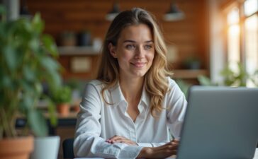 Ein helles, freundlich wirkendes Porträt einer jungen Person am modernen Arbeitsplatz, die konzentriert und leicht besorgt auf einen Laptop-Bildschirm blickt, umgeben von natürlichem Tageslicht und warmen Holztönen, das die stille Spannung und Vorsicht im digitalen Alltag gegen Phishing-Angriffe vermittelt.