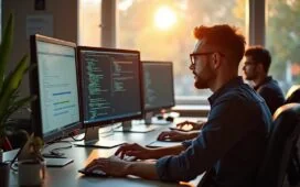 In einem hell erleuchteten, modernen Büro arbeiten lächelnde Softwareentwickler konzentriert zusammen an mehreren Bildschirmen, auf denen komplexe Codezeilen und übersichtliche Diagramme zu sehen sind, während warme Sonnenstrahlen durch große Fenster strömen und eine Atmosphäre von Innovation, Teamgeist und digitaler Transformation vermitteln.