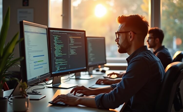 In einem hell erleuchteten, modernen Büro arbeiten lächelnde Softwareentwickler konzentriert zusammen an mehreren Bildschirmen, auf denen komplexe Codezeilen und übersichtliche Diagramme zu sehen sind, während warme Sonnenstrahlen durch große Fenster strömen und eine Atmosphäre von Innovation, Teamgeist und digitaler Transformation vermitteln.
