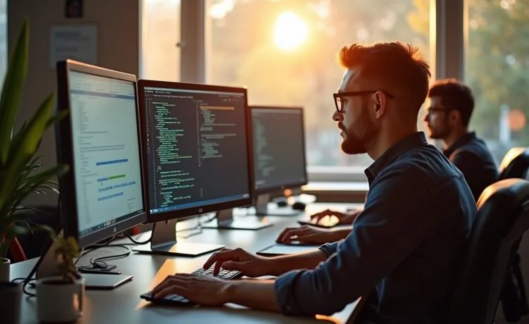 In einem hell erleuchteten, modernen Büro arbeiten lächelnde Softwareentwickler konzentriert zusammen an mehreren Bildschirmen, auf denen komplexe Codezeilen und übersichtliche Diagramme zu sehen sind, während warme Sonnenstrahlen durch große Fenster strömen und eine Atmosphäre von Innovation, Teamgeist und digitaler Transformation vermitteln.