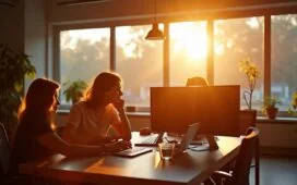 Ein hell erleuchtetes, modernes Büro mit jungen Kreativen, die entspannt vor Bildschirmen arbeiten, während warme Sonnenstrahlen durchs Fenster fallen und den Geist von Innovation, Künstlicher Intelligenz und digitaler Kurzvideo-Kreativität einfangen.