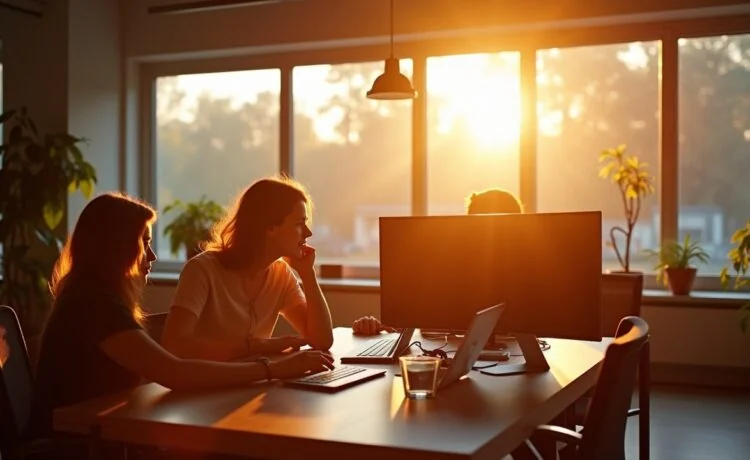 Ein hell erleuchtetes, modernes Büro mit jungen Kreativen, die entspannt vor Bildschirmen arbeiten, während warme Sonnenstrahlen durchs Fenster fallen und den Geist von Innovation, Künstlicher Intelligenz und digitaler Kurzvideo-Kreativität einfangen.