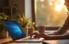 Ein hell erleuchteter moderner Arbeitsplatz mit offenem Windows 11-Desktop auf einem schlanken Laptop, umgeben von freundlichem Morgenlicht, während eine Person mit einem warmen Lächeln konzentriert am Gerät arbeitet und die neue KI-gestützte Benutzererfahrung lebendig wirkt.