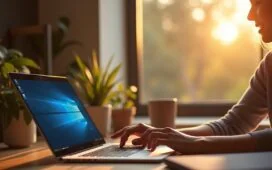 Ein hell erleuchteter moderner Arbeitsplatz mit offenem Windows 11-Desktop auf einem schlanken Laptop, umgeben von freundlichem Morgenlicht, während eine Person mit einem warmen Lächeln konzentriert am Gerät arbeitet und die neue KI-gestützte Benutzererfahrung lebendig wirkt.