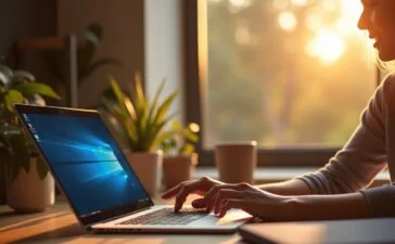 Ein hell erleuchteter moderner Arbeitsplatz mit offenem Windows 11-Desktop auf einem schlanken Laptop, umgeben von freundlichem Morgenlicht, während eine Person mit einem warmen Lächeln konzentriert am Gerät arbeitet und die neue KI-gestützte Benutzererfahrung lebendig wirkt.