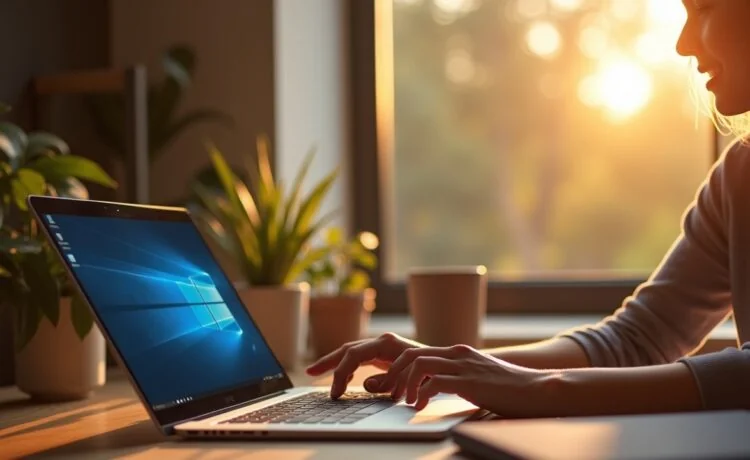 Ein hell erleuchteter moderner Arbeitsplatz mit offenem Windows 11-Desktop auf einem schlanken Laptop, umgeben von freundlichem Morgenlicht, während eine Person mit einem warmen Lächeln konzentriert am Gerät arbeitet und die neue KI-gestützte Benutzererfahrung lebendig wirkt.