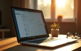 Ein hell erleuchteter Arbeitsplatz mit einem modernen Laptop, umgeben von warmem Tageslicht und sanften Schatten, auf dem gerade die Windows-11-Einstellungen sichtbar sind – eine einladende Atmosphäre voller Klarheit und Kontrolle, die den sorgsamen Umgang mit Datenschutz symbolisiert.