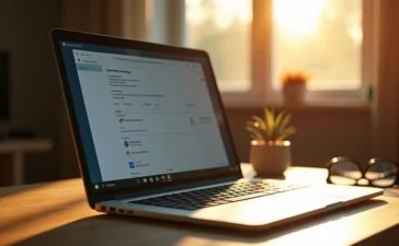 Ein hell erleuchteter Arbeitsplatz mit einem modernen Laptop, umgeben von warmem Tageslicht und sanften Schatten, auf dem gerade die Windows-11-Einstellungen sichtbar sind – eine einladende Atmosphäre voller Klarheit und Kontrolle, die den sorgsamen Umgang mit Datenschutz symbolisiert.
