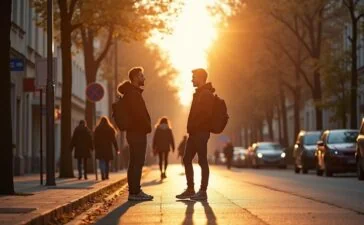 Eine helle, lebendige Straßenszene in Krakau bei Tageslicht, in der junge Fachkräfte beim entspannten Austausch vor modernen Büroghebäuden stehen, umgeben von warmem Sonnenlicht und urbanem Leben, das Hoffnung und Wandel in der von KI herausgeforderten Arbeitswelt symbolisiert.