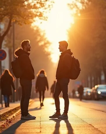Eine helle, lebendige Straßenszene in Krakau bei Tageslicht, in der junge Fachkräfte beim entspannten Austausch vor modernen Büroghebäuden stehen, umgeben von warmem Sonnenlicht und urbanem Leben, das Hoffnung und Wandel in der von KI herausgeforderten Arbeitswelt symbolisiert.