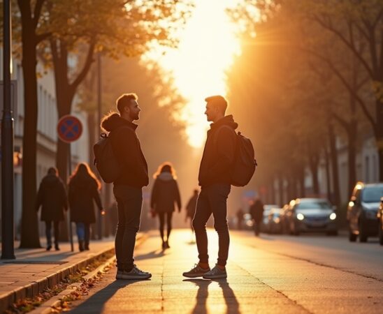 Eine helle, lebendige Straßenszene in Krakau bei Tageslicht, in der junge Fachkräfte beim entspannten Austausch vor modernen Büroghebäuden stehen, umgeben von warmem Sonnenlicht und urbanem Leben, das Hoffnung und Wandel in der von KI herausgeforderten Arbeitswelt symbolisiert.