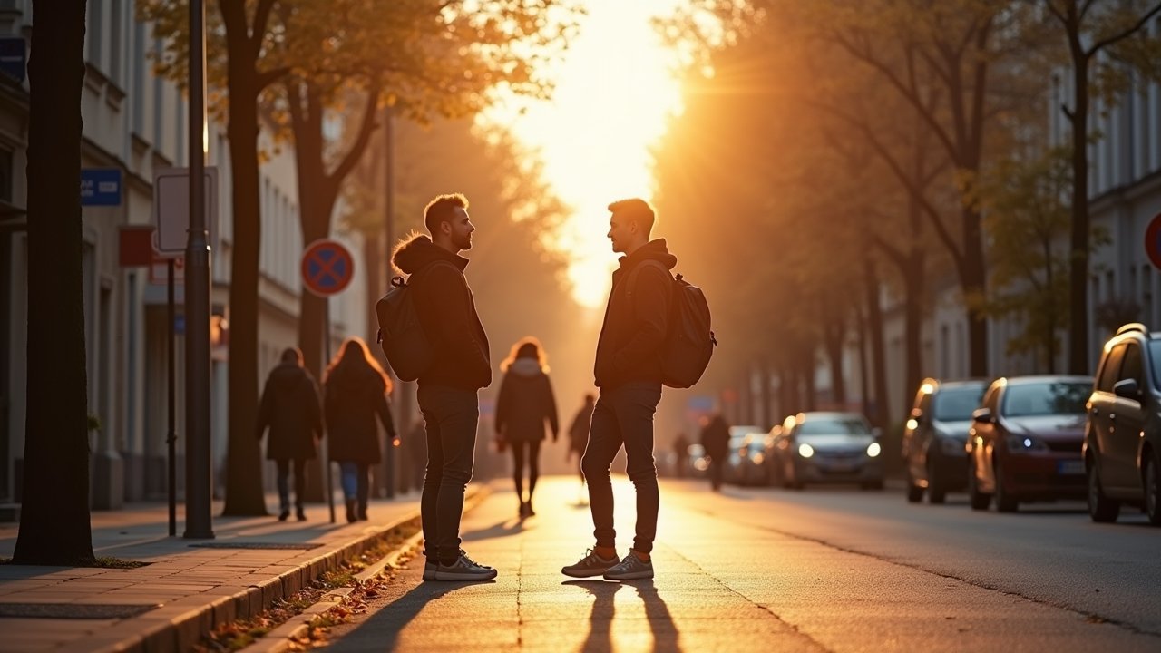 Eine helle, lebendige Straßenszene in Krakau bei Tageslicht, in der junge Fachkräfte beim entspannten Austausch vor modernen Büroghebäuden stehen, umgeben von warmem Sonnenlicht und urbanem Leben, das Hoffnung und Wandel in der von KI herausgeforderten Arbeitswelt symbolisiert.