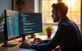 Ein hell erleuchteter, moderner Arbeitsplatz mit einem konzentriert arbeitenden Webentwickler vor zwei großen Bildschirmen, die Code und Sicherheitsdiagramme zeigen, umgeben von warmem Tageslicht und einer Atmosphäre ruhiger Entschlossenheit und digitaler Achtsamkeit.