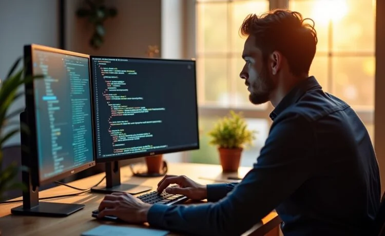 Ein hell erleuchteter, moderner Arbeitsplatz mit einem konzentriert arbeitenden Webentwickler vor zwei großen Bildschirmen, die Code und Sicherheitsdiagramme zeigen, umgeben von warmem Tageslicht und einer Atmosphäre ruhiger Entschlossenheit und digitaler Achtsamkeit.