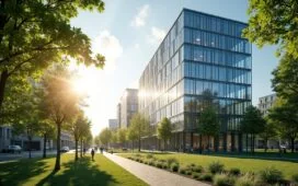Sonnendurchfluteter Blick auf ein modernes Rechenzentrum mit gläserner Fassade vor hamburgischer Stadtkulisse, umgeben von grünen Bäumen und Mitarbeitern in legerer Business-Kleidung, die in harmonischer Teamarbeit innovative Technik und nachhaltige Energieeffizienz ausstrahlen.