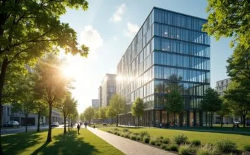Sonnendurchfluteter Blick auf ein modernes Rechenzentrum mit gläserner Fassade vor hamburgischer Stadtkulisse, umgeben von grünen Bäumen und Mitarbeitern in legerer Business-Kleidung, die in harmonischer Teamarbeit innovative Technik und nachhaltige Energieeffizienz ausstrahlen.
