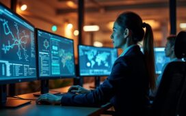 In einem modernen IT-Büro mit warmem Tageslicht sitzt eine konzentrierte Administratorin vor mehreren hochauflösenden Monitoren, die komplexe Netzwerkdiagramme und Sicherheitsscans zeigen, während eine ruhige Atmosphäre digitaler Wachsamkeit und entschlossener Handlungsbereitschaft spürbar ist.