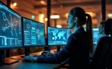 In einem modernen IT-Büro mit warmem Tageslicht sitzt eine konzentrierte Administratorin vor mehreren hochauflösenden Monitoren, die komplexe Netzwerkdiagramme und Sicherheitsscans zeigen, während eine ruhige Atmosphäre digitaler Wachsamkeit und entschlossener Handlungsbereitschaft spürbar ist.