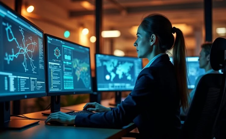 In einem modernen IT-Büro mit warmem Tageslicht sitzt eine konzentrierte Administratorin vor mehreren hochauflösenden Monitoren, die komplexe Netzwerkdiagramme und Sicherheitsscans zeigen, während eine ruhige Atmosphäre digitaler Wachsamkeit und entschlossener Handlungsbereitschaft spürbar ist.