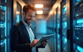 Ein sonnendurchfluteter, moderner Serverraum mit glänzenden, hochkomplexen Rechenzentren, in dem ein technischer Experte mit freundlichem Lächeln konzentriert an einem Tablet arbeitet – umgeben von warmem Tageslicht und klarer, realistischer Detailtreue, die Fortschritt, Nachhaltigkeit und innovative Redundanzkonzepte symbolisiert.