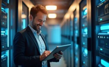 Ein sonnendurchfluteter, moderner Serverraum mit glänzenden, hochkomplexen Rechenzentren, in dem ein technischer Experte mit freundlichem Lächeln konzentriert an einem Tablet arbeitet – umgeben von warmem Tageslicht und klarer, realistischer Detailtreue, die Fortschritt, Nachhaltigkeit und innovative Redundanzkonzepte symbolisiert.