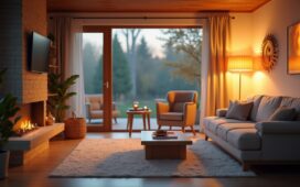 Ein warm erleuchtetes, modernes Wohnzimmer zeigt dezent vernetzte Smart-Home-Geräte in natürlichem Tageslicht, die eine Atmosphäre von Sicherheit, Komfort und zukunftsweisender Technologie vermitteln, während freundliche, helle Farben und feine Details das innovative Potenzial von Zigbee 4.0 lebendig und einladend visualisieren.