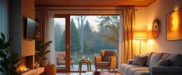 Ein warm erleuchtetes, modernes Wohnzimmer zeigt dezent vernetzte Smart-Home-Geräte in natürlichem Tageslicht, die eine Atmosphäre von Sicherheit, Komfort und zukunftsweisender Technologie vermitteln, während freundliche, helle Farben und feine Details das innovative Potenzial von Zigbee 4.0 lebendig und einladend visualisieren.