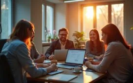 In einem modernen, hell erleuchteten Büro sitzen konzentrierte IT-Experten entspannt an ihren Laptops, umgeben von warmem Tageslicht und sanften Holztönen, während sie gemeinsam in freundlicher Atmosphäre Sicherheitsupdates für eine Unternehmens-Groupware besprechen – eine visuelle Einladung zur verantwortungsvollen Zusammenarbeit und digitaler Vorsorge.