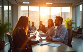 Ein strahlend helles, natürlich beleuchtetes Büroambiente zeigt eine vielfältige Gruppe motivierter Fachkräfte in lebhaftem Austausch vor großen Fenstern, die einen inspirierenden Blick in die Zukunft der Arbeit mit KI-unterstützten Technologien vermitteln und eine warme, aufgeschlossene Stimmung voller Chancen und Fortschritt ausstrahlen.