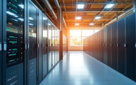 Ein hell erleuchtetes, modernes Rechenzentrum mit klar sichtbaren Serverracks und dezent integrierten Kühlsystemen in warmem Tageslicht, das durch große Fenster strömt und die innovative, nachhaltige Kühltechnik in einer freundlichen, zukunftsorientierten Atmosphäre unterstreicht.