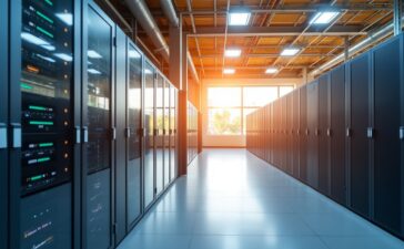 Ein hell erleuchtetes, modernes Rechenzentrum mit klar sichtbaren Serverracks und dezent integrierten Kühlsystemen in warmem Tageslicht, das durch große Fenster strömt und die innovative, nachhaltige Kühltechnik in einer freundlichen, zukunftsorientierten Atmosphäre unterstreicht.