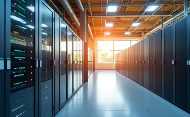 Ein hell erleuchtetes, modernes Rechenzentrum mit klar sichtbaren Serverracks und dezent integrierten Kühlsystemen in warmem Tageslicht, das durch große Fenster strömt und die innovative, nachhaltige Kühltechnik in einer freundlichen, zukunftsorientierten Atmosphäre unterstreicht.