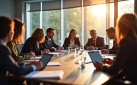 Ein hell erleuchteter, moderner Konferenzraum mit gut gelaunten Personen in angeregter Diskussion, die konzentriert Dokumente und Tablets prüfen, während sanftes Tageslicht durch große Fenster fällt und eine warme, kooperative Atmosphäre der politischen Entscheidungsfindung und Zukunftsgestaltung ausstrahlt.